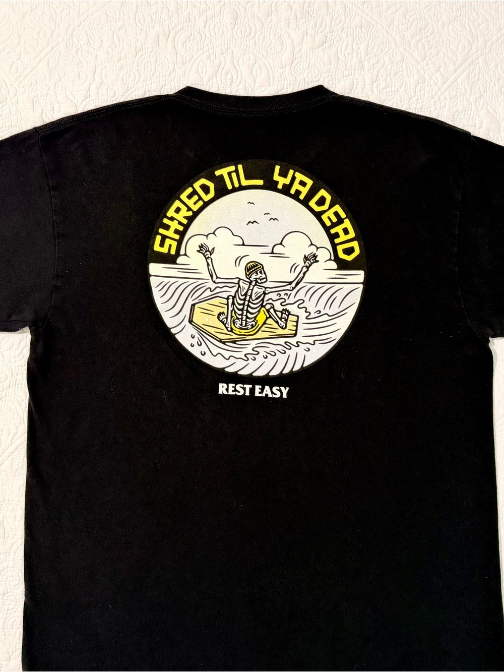 Rest Easy | Shred Til Ya Dead Skeleton Surf T-Shirt | Black | Size Large